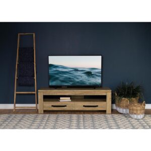 Immerse yourself in the rustic allure of our sturdy TV stand