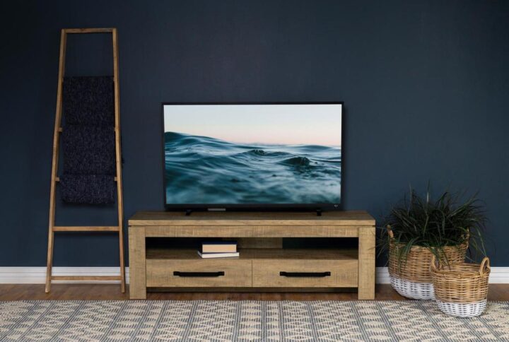 Immerse yourself in the rustic allure of our sturdy TV stand