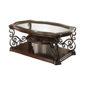 this coffee table exudes sophisticated style. Elaborate metal scrollwork lends a look of opulent luxury that makes any room seem more upscale. A stunning
