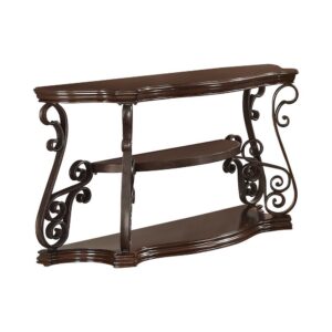 stylish sofa table emanates luxurious appeal. Its base supports are designed with ornate metal scrollwork