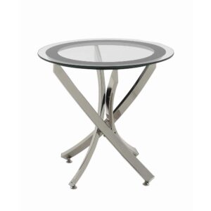 this end table makes a striking statement. The graceful curves of its base flow together elegantly for a sophisticated look. A chrome finish adds brilliant shine and cool