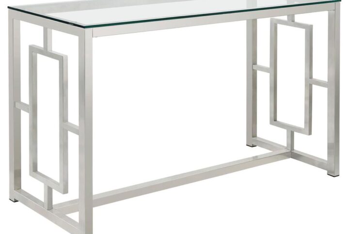 Elevate the look of a living room or entryway with an elegant touch of modern glamour. The gorgeous metal frame of this chic sofa table is designed with bold