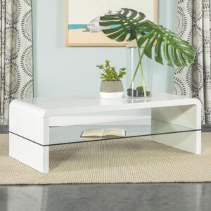A smooth high-gloss finish and white tone lend a clean look to this modern coffee table. Designed with a rectangular tabletop that flows over an elegant waterfall edge into a plank-style base