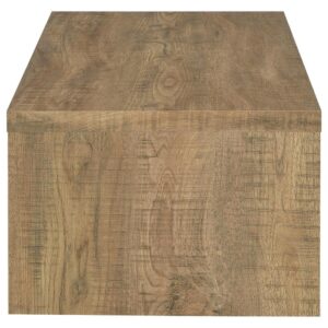 it's a clean silhouette with the look of roughhewn mango wood in a melamine paper finish. The rectangular table offers two solid sides and a center brace underneath the tabletop