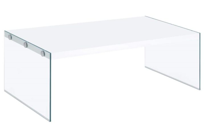 Mixed materials bring dimension to the minimalist profile of a contemporary coffee table. A glossy white tabletop creates a truly clean slate