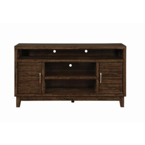 Textured door fronts add depth and character to this wood media console. A transitional design that works in rustic