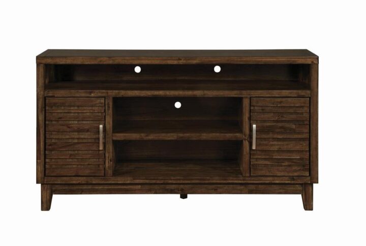 Textured door fronts add depth and character to this wood media console. A transitional design that works in rustic