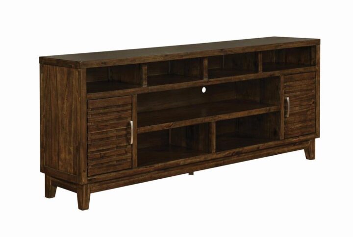 Textured door fronts add depth and character to this wood media console. A transitional design that works in rustic