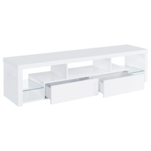 modern TV stand. With a pristine glossy white finish and clear glass accents