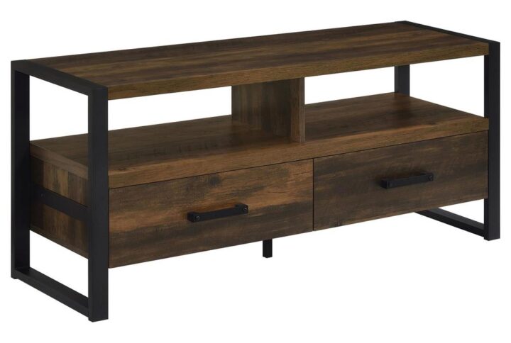 A rich finish and linear design delivers a bit of modern industrial style to a TV stand with storage space. Dark pine finish MDF creates a sturdy build and alluring appearance in a TV stand that is versatile and earthy. A stacked design is functional with two open compartments to house electronic components