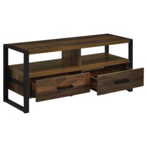 and two lower drawers feature Euro glides for easy operation. Black metal side braces and matching drawer pulls create a streamlined design. Choose this TV stand for a casual space that transforms into a perfect place for sports or movies.