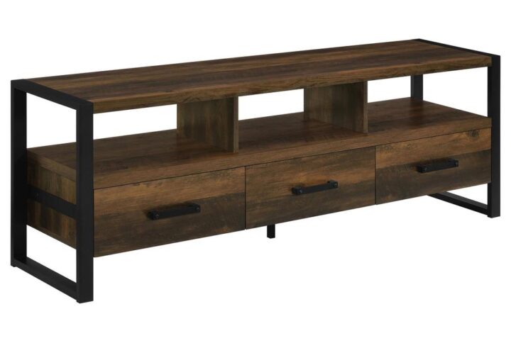 Your casual living space becomes a home for easy entertaining with a TV stand suited to plenty of functions. Dark pine finish MDF creates a sturdy build and alluring appearance in a TV stand that is versatile and earthy. A stacked design is configured perfectly with three open compartments to house electronic components