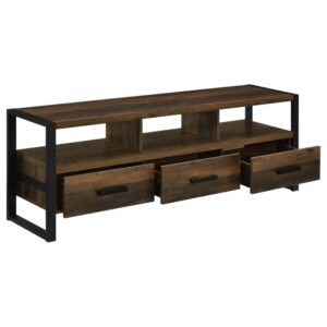 and three lower drawers feature Euro glides for easy operation. Black metal side braces and matching drawer pulls create a streamlined design. Choose this TV stand for a casual space that transforms into a perfect place for sports or movies.