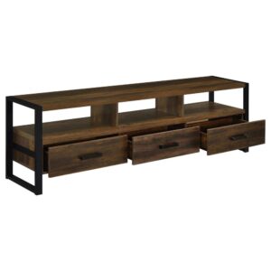 and three lower drawers feature Euro glides for easy operation. Black metal side braces and matching drawer pulls create a streamlined design. Choose this TV stand for a casual space that transforms into a perfect place for sports or movies.