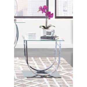 This contemporary end table provides a touch of brilliance to any living room or den. Square table top is glass with beveled edges. Legs are fashioned in a U-shaped chrome that's truly unique. The rectangular base is fashioned from reflective tempered "half-glass" for added elegance. Add this end table to any home with modern furnishings and accents.