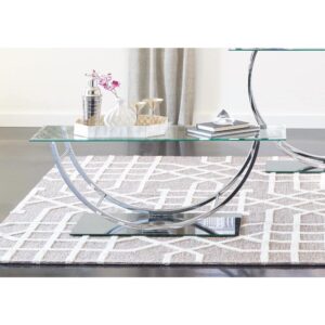 Combine brilliance and innovative design in this contemporary coffee table. The glass rectangular table top is fashioned with beveled edges for a dash of style. The legs are constructed in a U-shaped chrome that's impressive in person. The reflective tempered "half-glass" base completes the table's sleek