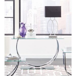 This impressive and lustrous sofa table combines flair with a unique design. The glass table top is a rectangle with handsome beveled edges. The chrome legs come in an eye-catching U-shaped design. The sleek