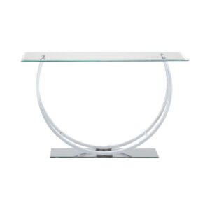 modern table sits on a reflective tempered "half-glass" base that's as stylish as it is alluring. This sofa table has an enduring appeal perfect for the den or living room with modern decor.