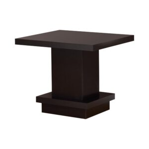 This well-crafted end table has a sleek design that's sure to please. Square table top is roomy enough for a photo and ornamental lamp. The thick stand gives the table an impressive stance. Base comes in a pedestal style design that offers a modicum of shelf space. Rich cappuccino finish adds a warm ambiance to any living room or den.
