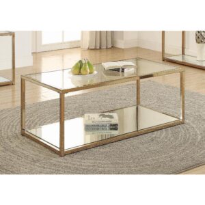 This rectangular glass and chrome coffee table adds a classy dimension to the home. The solid table has traditional straight