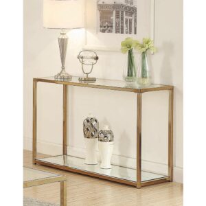 This rectangular glass and chrome sofa table is an impressive addition to the home. A rectangular glass table top offers space for a decorative lamp and fresh flowers. A glass bottom shelf adds room for contemporary style vases or sculptures. The sturdy table frame is stylishly finished in chocolate chrome that's beautifully muted. It's chic enough to stand alone against the wall of the den or backed up against a contemporary sofa.