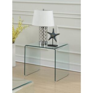 This splendid end table has a contemporary design that's also enduring. This single-piece table features a clear glass-like material that adds a unique look to the home. Square table top is roomy enough for a decorative modern lamp and a handsome vase or small sculpture. It has an open space design instead of a base so you can put a small potted plant directly on the floor beneath the table top. Can be put beside a contemporary sofa or against a wall as a standalone piece.