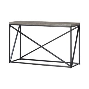 this industrial-inspired sofa table looks great in a modern space. Welcome a hint of rustic charm into a living area with the combination of soft Sonoma grey and a dark metal base. Add visual intrigue with the interesting lines from the open frame. Stunning against a wall