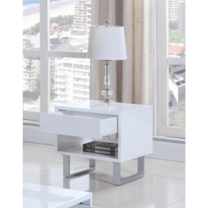 Create a crisp visual in any living room or bedroom with the open lines from this white end table. In a high glossy finish
