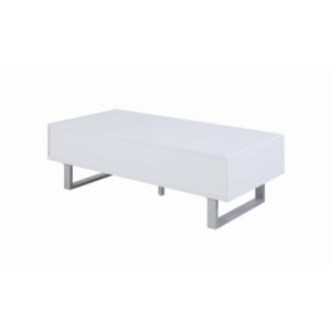 this white coffee table offers a crisp visual in the center of any living room. Complete with two storage drawers
