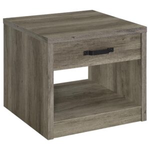 Add an earthy look to your casual bedroom or living area with an end table offering affordability and a quality design. Rustic charm adds a natural feel to this rustic weathered gray finished table constructed of wood products. A single drawer offers space for stashing incidentals and accessories