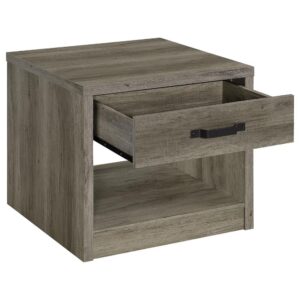 and an open compartment is perfect for stacking magazines or showcasing décor. An ornate black metal drawer pull delivers a pop of bold attitude. Your comfort zone becomes a setting for modern earthy style with an end table offering clean lines.