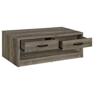easy-living space with a stylish rectangular coffee table. Natural ambiance follows a rustic weathered gray finish over MDF
