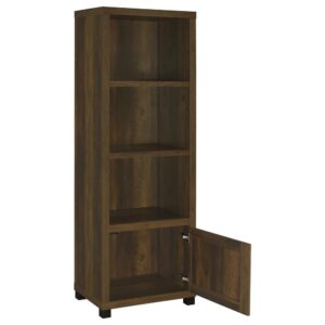 the Sachin media tower saves precious space in your compact or large living space. Make the most of a rustic look with a tower built of wood products with engineered veneer. Earth-inspired finishes mesh with most surroundings. Four storage compartments and three fixed shelves behind one side-open door invite media