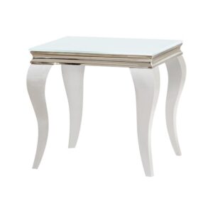 this square end table offers a spacious tabletop made with a tempered white glass rounded off with a soft beveled edge. Supported by slender and elegant Queen Anne legs in a stainless steel with a high-polished chrome finish