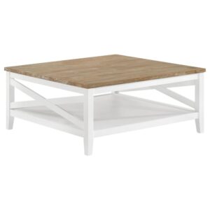 A square silhouette established a welcoming look and feel for a farmhouse coffee table. Great for family spaces