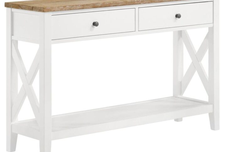 Create a finished look for a floating sofa or add welcoming flair in an entryway with this farmhouse console table. A two-tone design shows off an ash veneer tabletop with a wire brushed brown finish that assures natural appeal. The table base is done in cool white