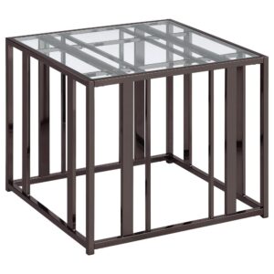 Crisp linear design elements offer a striking update to a contemporary living room with a rectangular end table that gets noticed. Bring an edgy feel to a modern space with this rectangular end table and watch it transform the personality of a lived-in room. Made of woven black nickel finished metal