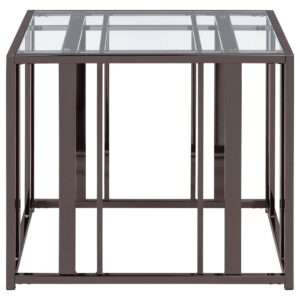 it features an open cage-like design with geometric attitude. A clear tempered glass top offers brilliant shine. This end table is perfect for partnering with a sofa or chair.