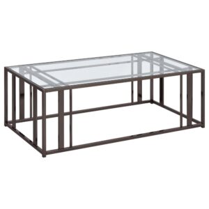 Add a crisp look of linear styling in a coffee table that completes a modern living space. Choose this metal and glass rectangular coffee table to update a family room or living room with bold style. A geometric motif adopts a cage-like openwork base made of woven black nickel finished metal