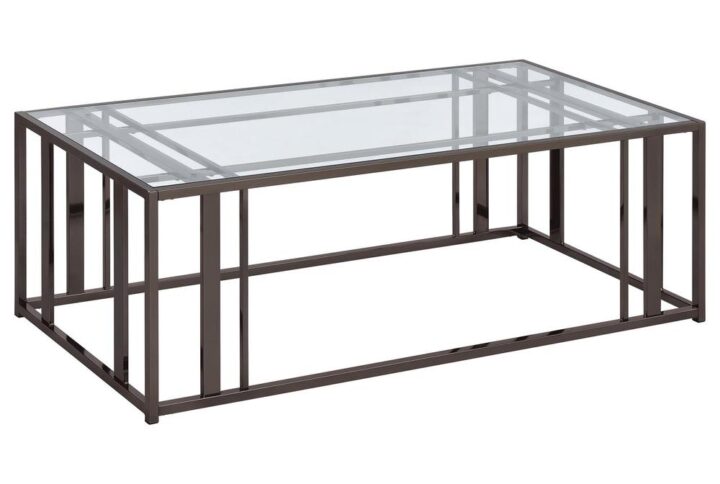 Add a crisp look of linear styling in a coffee table that completes a modern living space. Choose this metal and glass rectangular coffee table to update a family room or living room with bold style. A geometric motif adopts a cage-like openwork base made of woven black nickel finished metal