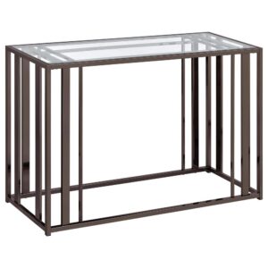 Clean lines create a striped look in a sofa table geared toward modern style in a modern setting. This rectangular metal and glass sofa table captures attention and becomes an intriguing part of a contemporary living room
