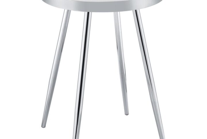 Chic reflectivity and engaging design are showcased beautifully in this modern side table. A gleaming chrome finish complements metal construction