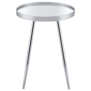while a reflective mirrored tabletop is bright and dynamic in your living room. The table boasts a round top with a raised metal collar that creates a lip