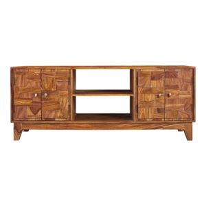Media consoles are no longer all function and no fashion. One look at this transitional TV console is all it takes to overthrow that notion. This one features the natural tone of layered colors of its sheesham wood construction. Yet