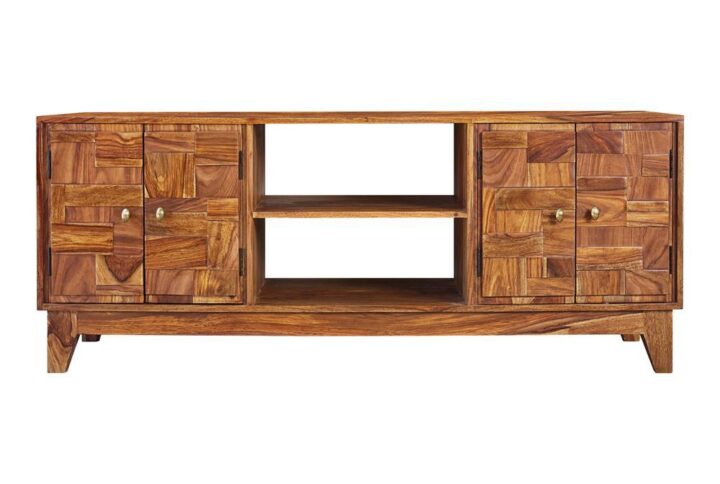Media consoles are no longer all function and no fashion. One look at this transitional TV console is all it takes to overthrow that notion. This one features the natural tone of layered colors of its sheesham wood construction. Yet