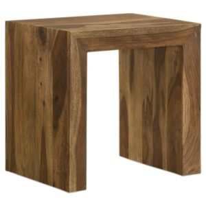 Robust design delivers impressive simplicity and charm to a rustic wood end table. The rectangular design is a clean U-shaped design with modern appeal and clean lines. It's made in India from sustainable solid sheesham wood and beautifully layered with color to highlight natural wood grain accents that create depth and detail. The natural appeal of the wood is showcased in a spacious top and solid sides