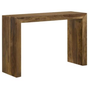 Clean lines meet organic wood in a simply charming rustic sofa table. Perfect for a floating sofa or hosting decor