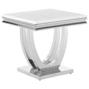 this modern glam end table offers a sleek contemporary aesthetic to your living room seating area. A spacious white engineered stone top offers a marble-like appearance for a classically designed look and feel. Below