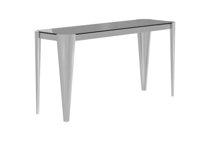 Express your style with a contemporary sofa table. This modern table features a blend of tones and materials that lights up a room or front entry and pairs well with any modern decor. The rectangular top features a grey tempered glass perfect for displaying pictures