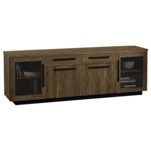 this transitional TV console is the perfect storage solution. The cabinets feature stylish